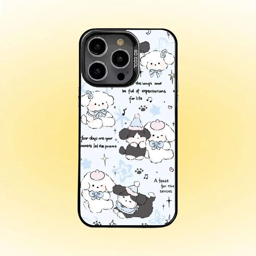 حافظة هاتف كلب مصورة لطيفة لهاتف آيفون 16 15 14 13 12 برو ماكس رمادي أسود غير لامع ليزر معدني أورورا فوندا