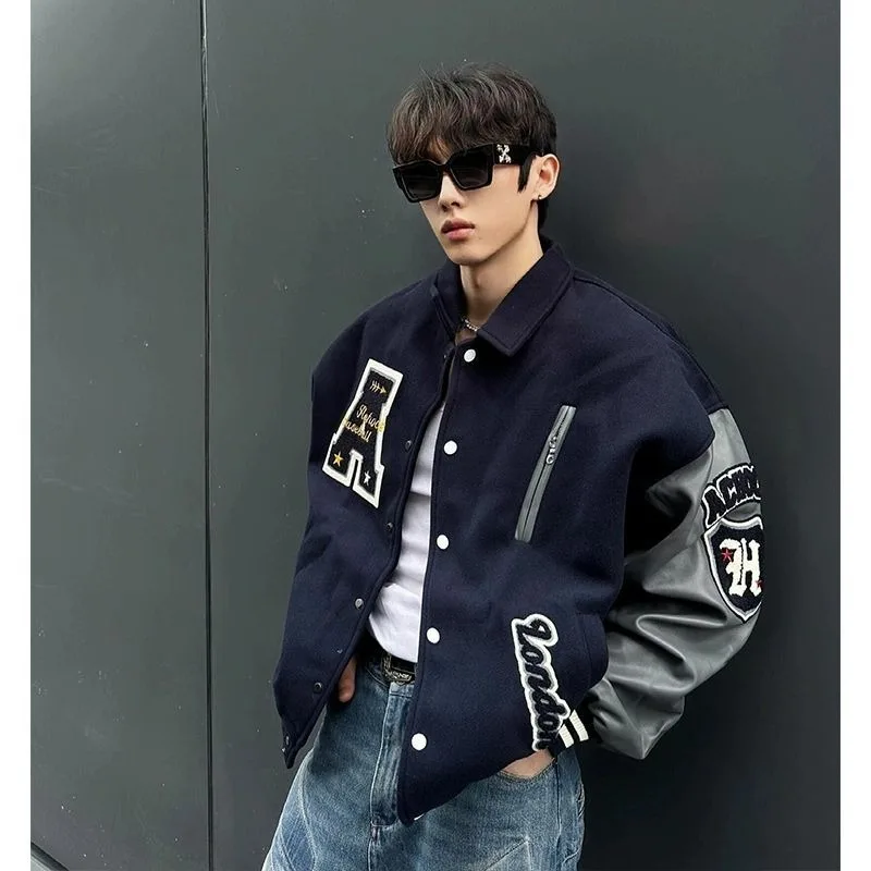 

American Retro Embroidered Varsity Jackets Men Spring Autumn Baseball Bomber Jacket Spliced PU Sleeves Vintage Men's Jackets