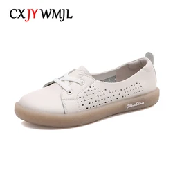 CXJYWMJL Plus Size Genuine Leather Women Mesh Sneakers Summer Flat Little White Shoes Ladies Casual Vulcanized Shoes Maternity