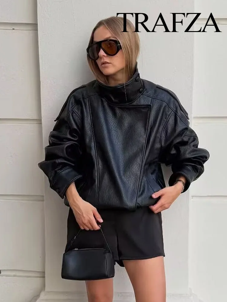 

HH Women Autumn Jackets Solid Asymmetric Button Pocket Decoration Long Sleeves Zipper Loose Jackets Female High Street Coats