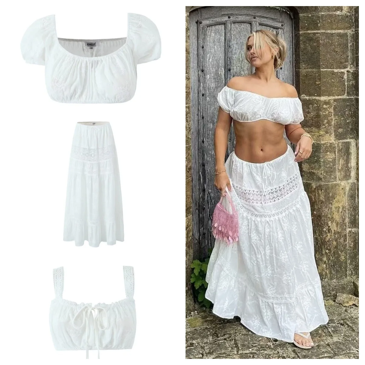 Лидер продаж, новый праздничный комплект из двух предметов с юбкой, французский кружевной короткий топ с лямкой на шее и высокой талией, комплект юбки с поясом, женское платье длиной до пола