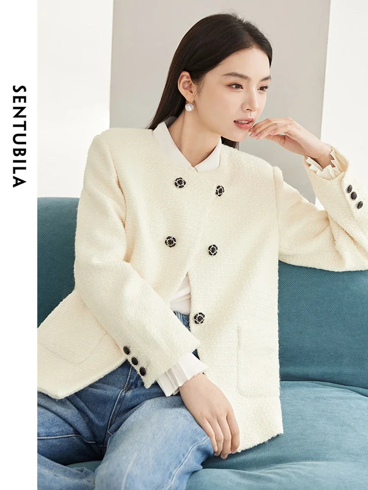 SENTUBILA Cropped Tweed Jacket Round Neck Double Breasted Loose Woolen Coat 2024 Spring Elegant Women\'s Outerwear 144W57982X