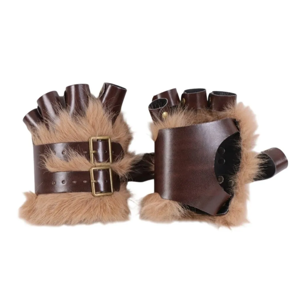 Steampunk Faux Fur Fingerless Gloves Furry Warm PU Leather Mittens Adjustable Buckle Realistic Gauntlet Halloween Party