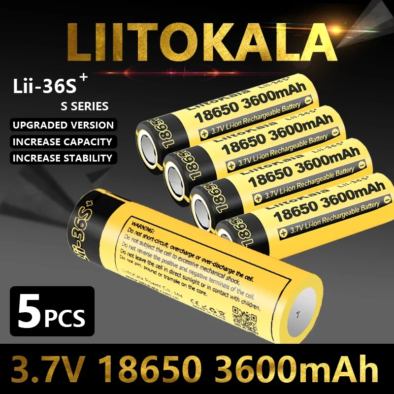 5PCS LiitoKala Lii-36S 18650 3.7V 10A Li-ion 3600mAh Lithium Battery For High Drain Devices.For Flashlight