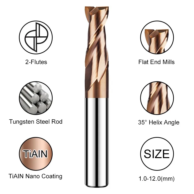 AZZKOR 10CPS Schaftfräser, Fräswerkzeug, 50,0–75,0 mm Länge, Hartmetall, 2-Schneiden, Flachfräser für CNC-Bearbeitung – Detail 1