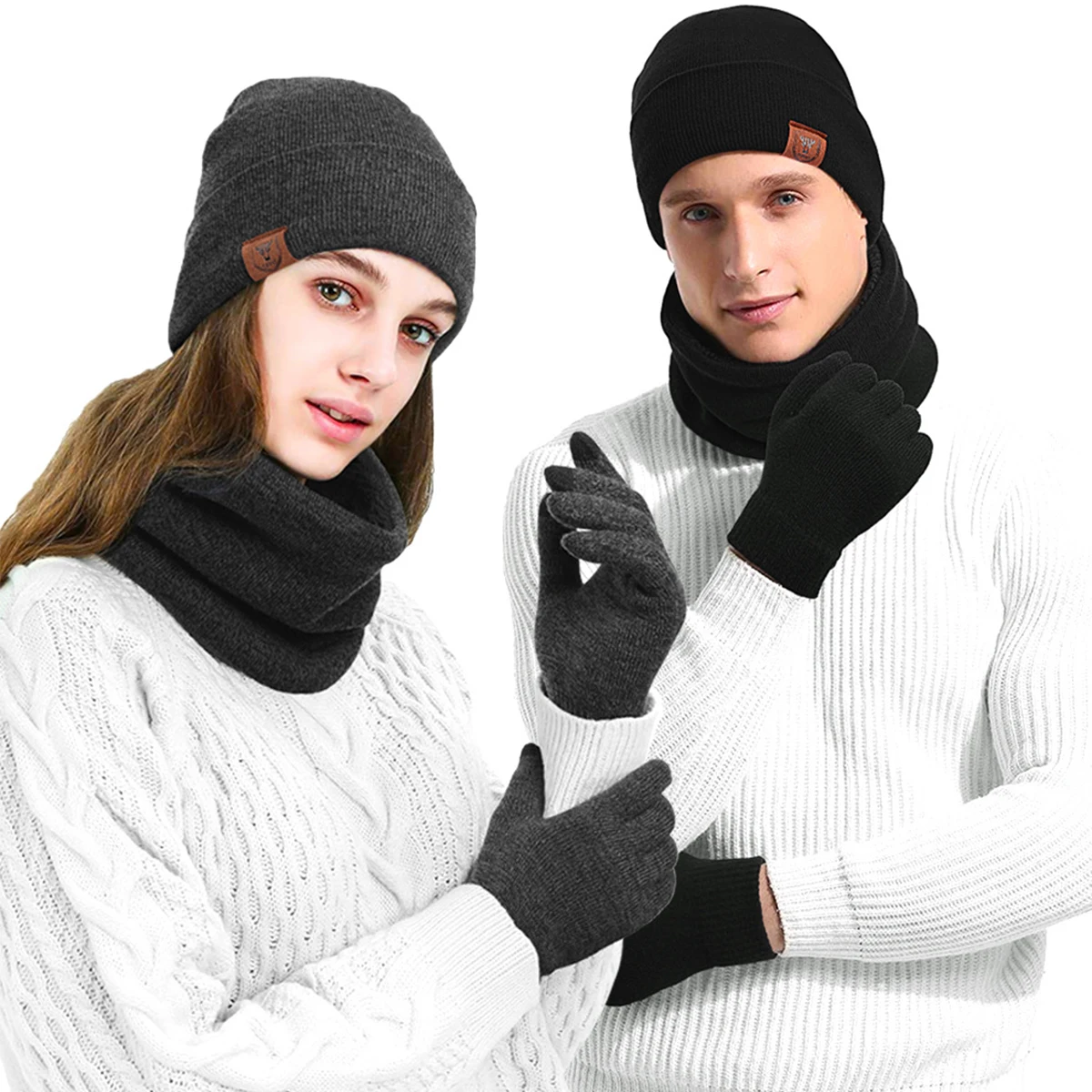 3Pcs Winter Warm Men's Knitted Hat Scarf Gloves Set for Men Women Outdoor Riding Cycling Hat Girl Beanies Neck Protection Scarf