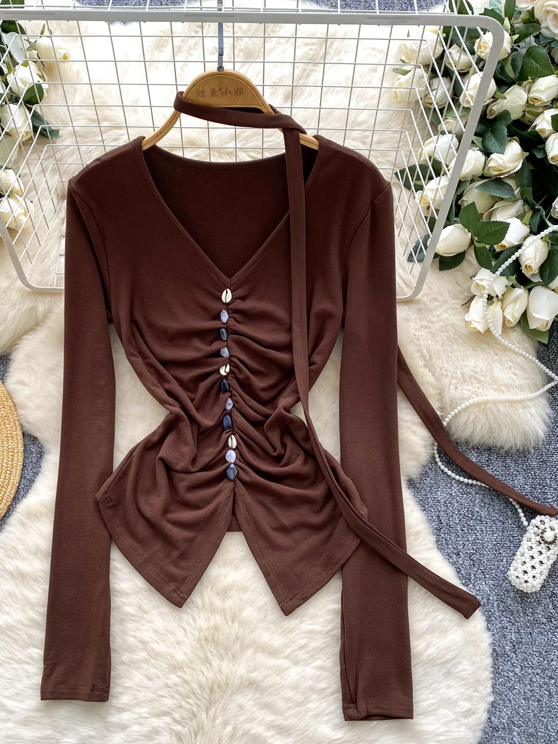 

Ele Long Sve irt Women's Autumn Folded V-ne Scarf Design Slimming Beautiful Unique Personali Top Korean Sle