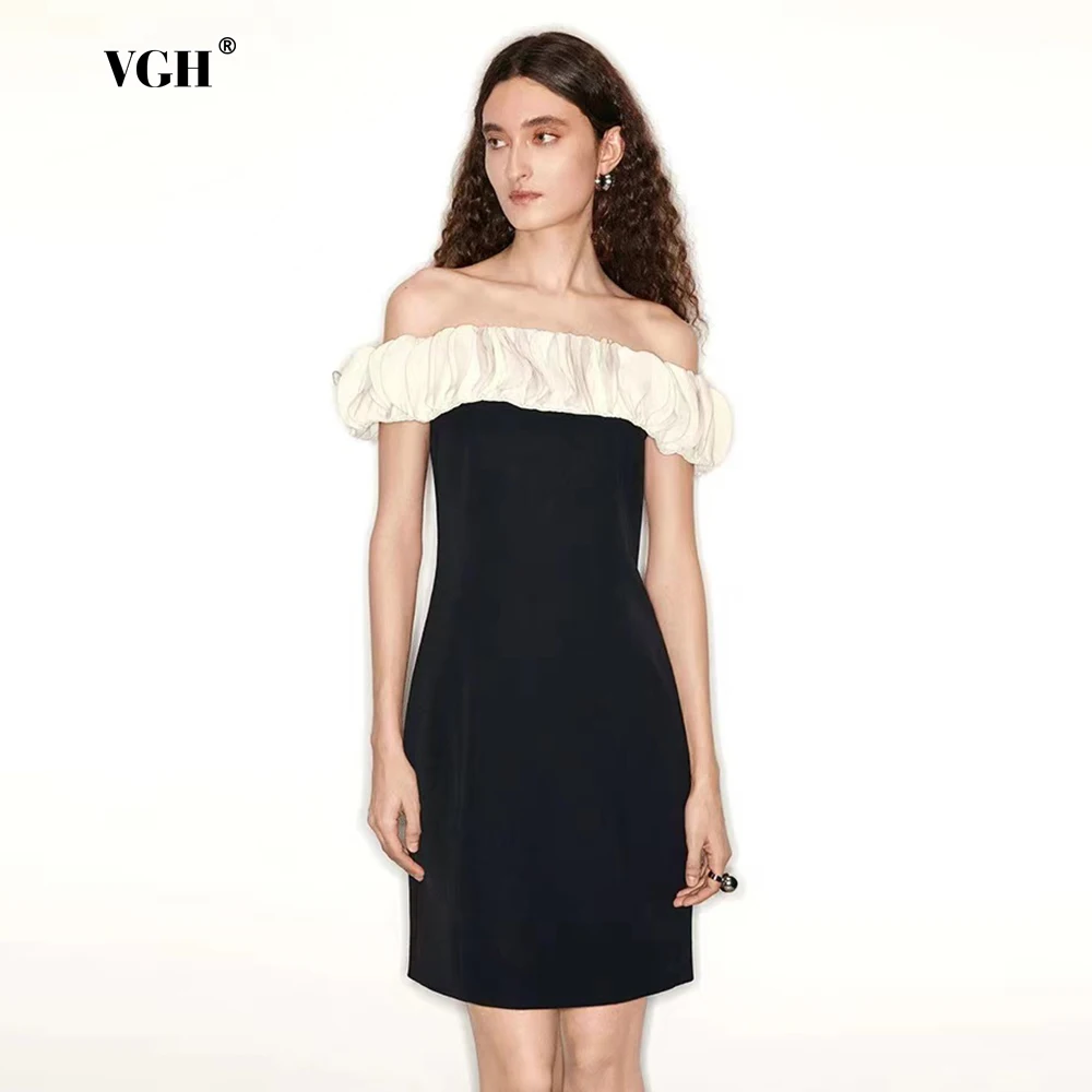 

VGH Hit Color Slimming Short Dresses For Women Slash Neck Off The Shoulder Sleeve Backless High Waist Elegant Folds Dress Female