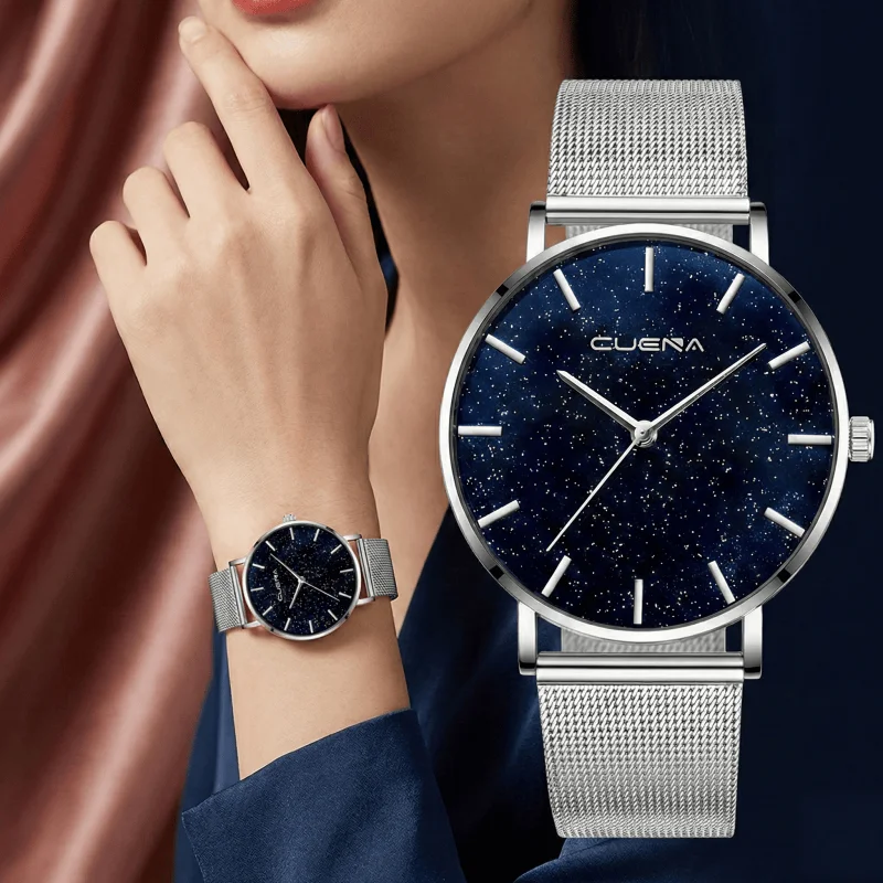 

Женские часы Top Brand New Flash Stars из нержавеющей стали с сетчатым ремешком, кварцевые, модные повседневные наручные часы для женщин, montre femme