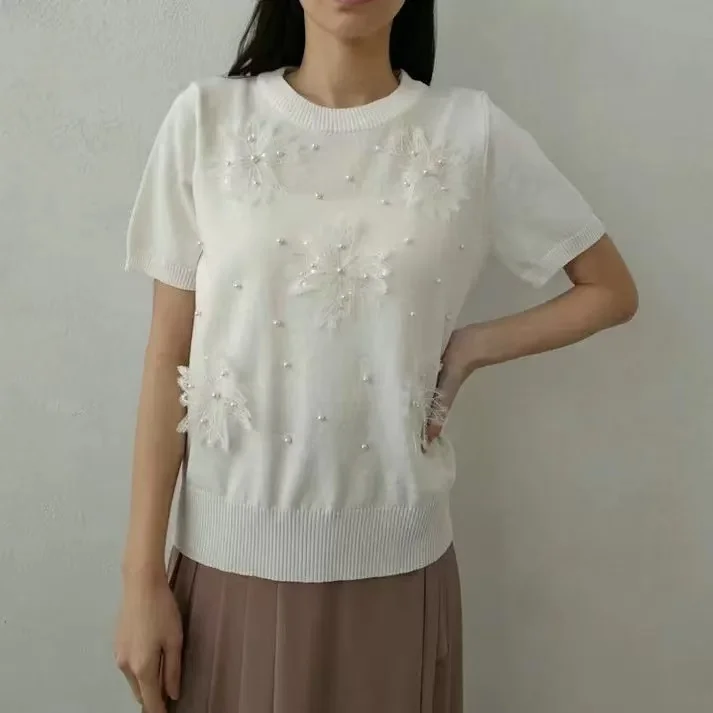 Flor estéreo camisola de malha camisetas femininas 2025 verão manga curta o-pescoço camisetas topos moda casual elegante senhoras malhas