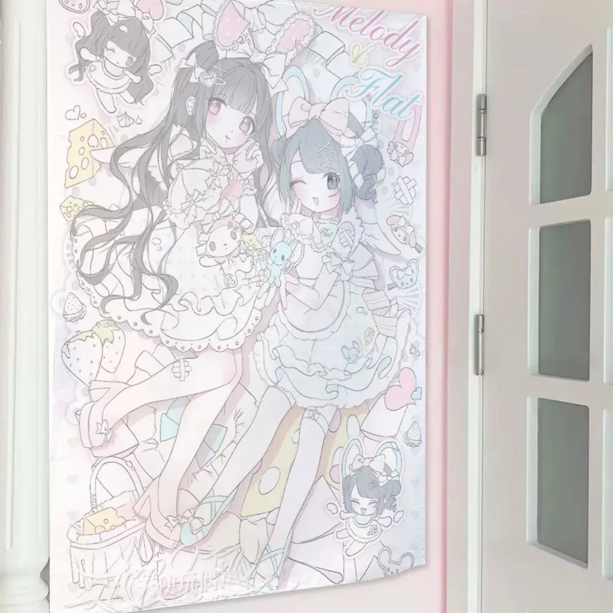 Yami Kawaii Angel & Demon Tapestry, Gothic Sweet Anime Girls Wall Hanging, Menhera Room Decor for Bedroom Dorm