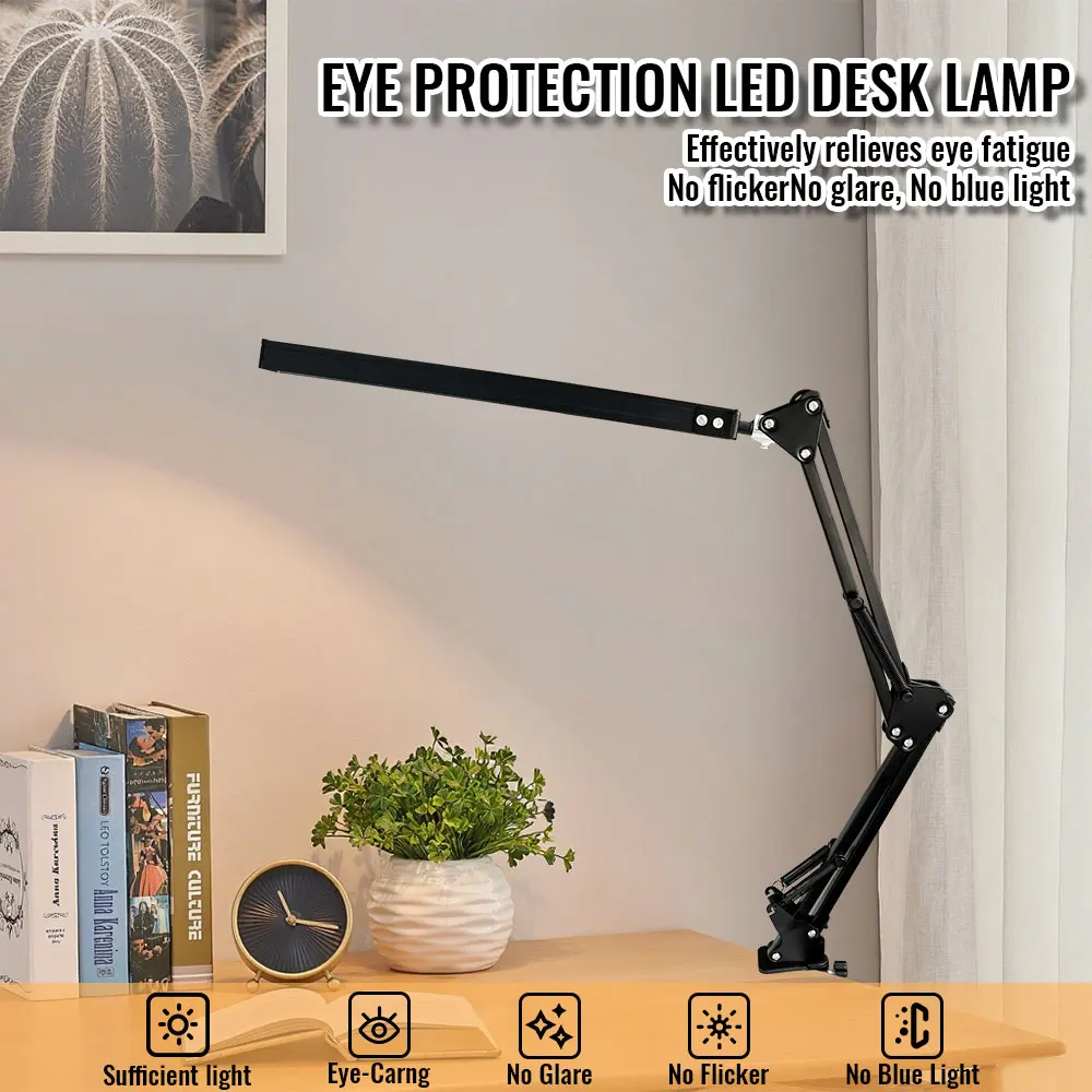 

LED Adjustable 5/10W Clamp Light Swing Arm Desk Lamp 3 Light Modes 10 Dimmable Levels Eye Care For Work Desk Task Lighting