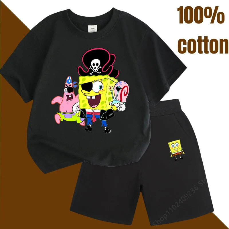 Summer 100%Cotton Kids T-shirt Short Sleeve Sets Spongebob Squarepants Mother's Kids Bluey Tops Tees Suits Girls Boys Clothes