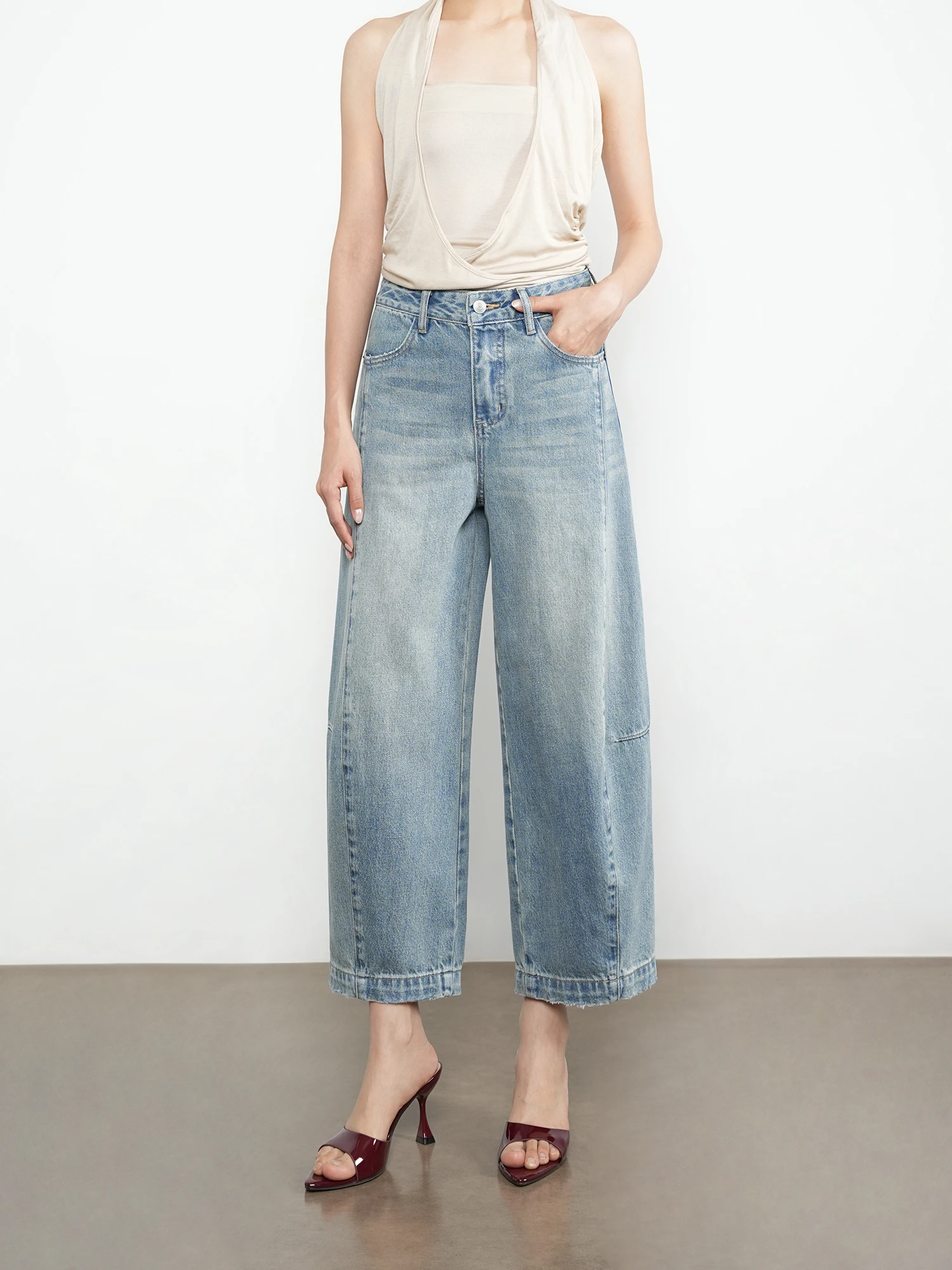 

High Waist Wide Leg Knife Denim Jeans Women's Light Color Loose Slimming Nine Point Banana Pants Casual Cotton Spring Su...