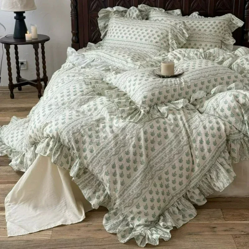 French Style Bedroom Girl Floral Print Full Cotton Double-layer Yarn 4 Piece Set Bed Sheet Pure Cotton Bedding for Spring Summer