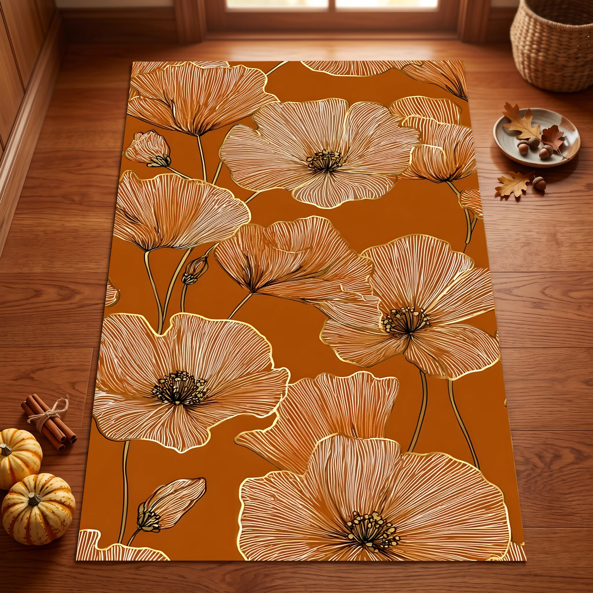 2D Large Carpet Caramel Line Poppy Print Retro Light Luxury for Living Room Bedroom