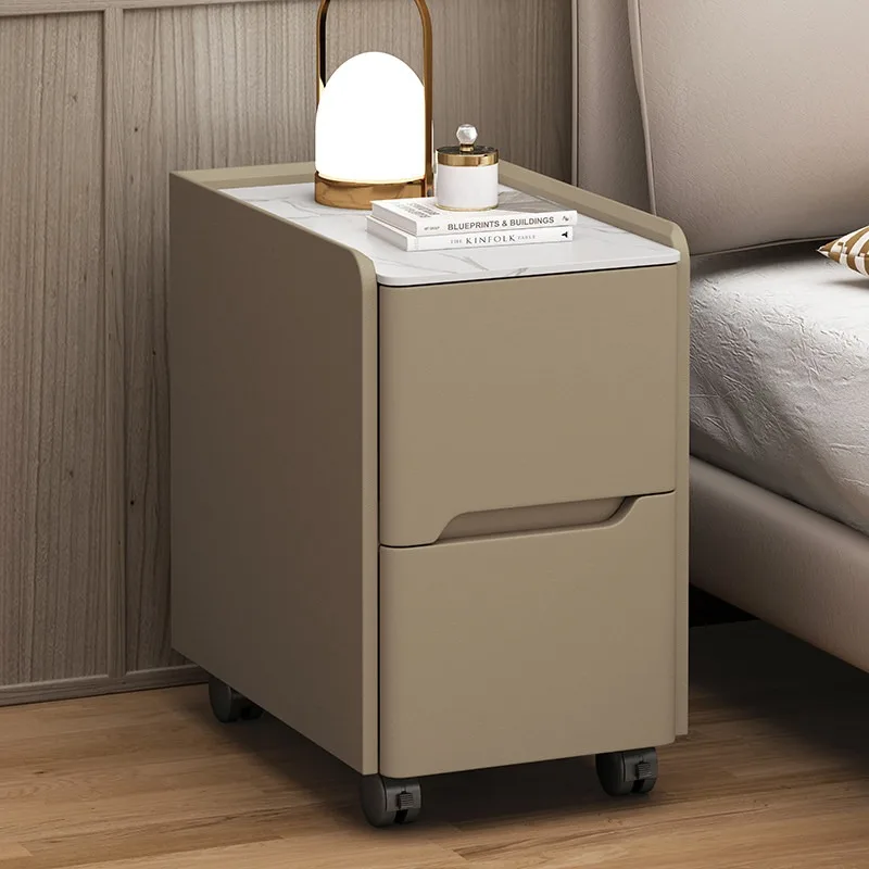 Removable solid wood mini small bedside table with rollers leather bedroom sideboard minimalist modern ultra-narrow storage