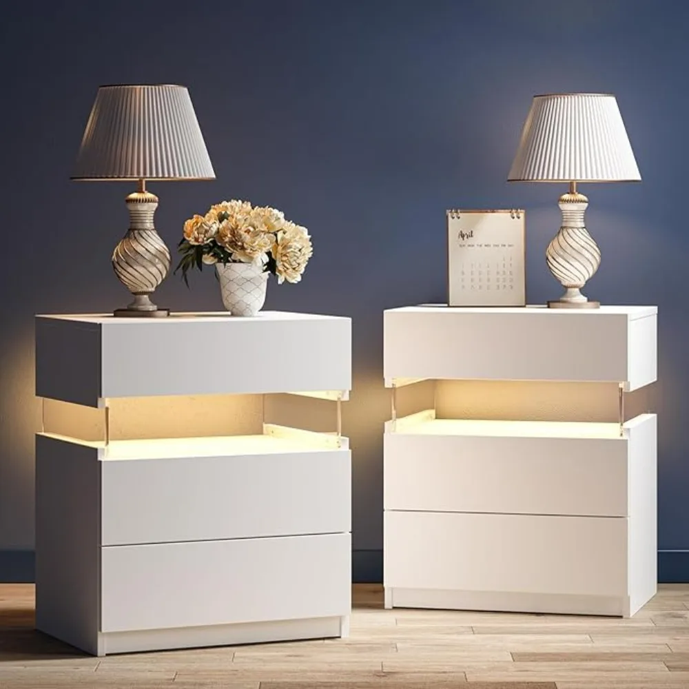 

Childrens' Nightstands Set of 2, LED Bedside Tables with 3 Wooden Storage Drawers for Bedroom, Modern Nightstand with LED Lights