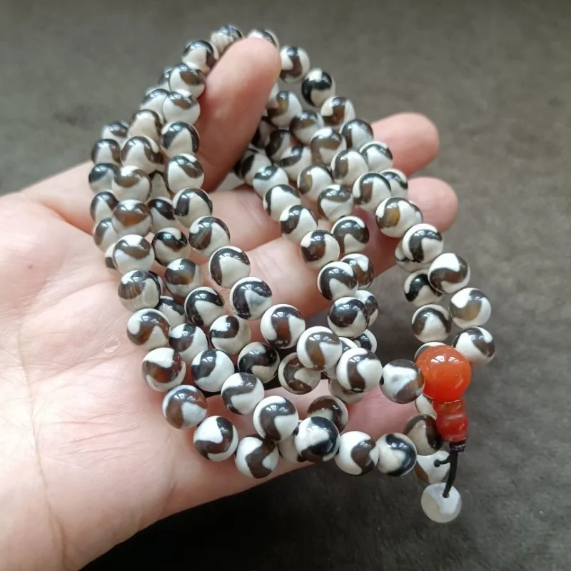 108 Dzi Style Eye Pattern Mala Necklace Black White Totem Tibetan Buddhist Meditation Prayer Beaded Jewelry