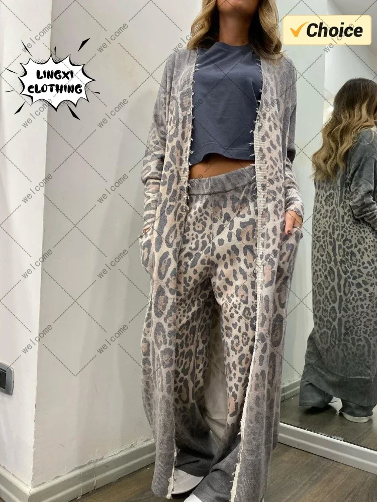 2024 Spring New Leopard Print Long sleeved Cardigan Coat Long Pants Set Two piece Women\'s Casual Robe Loose Set