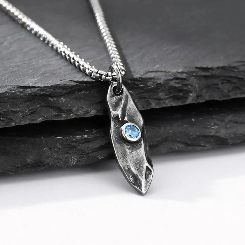 Blue Wishing Stone Necklaces for Men Boys,Trendy Hip Hop Metal Pendant Necklaces,Vintage Birthday Party Male Jewelry Gift