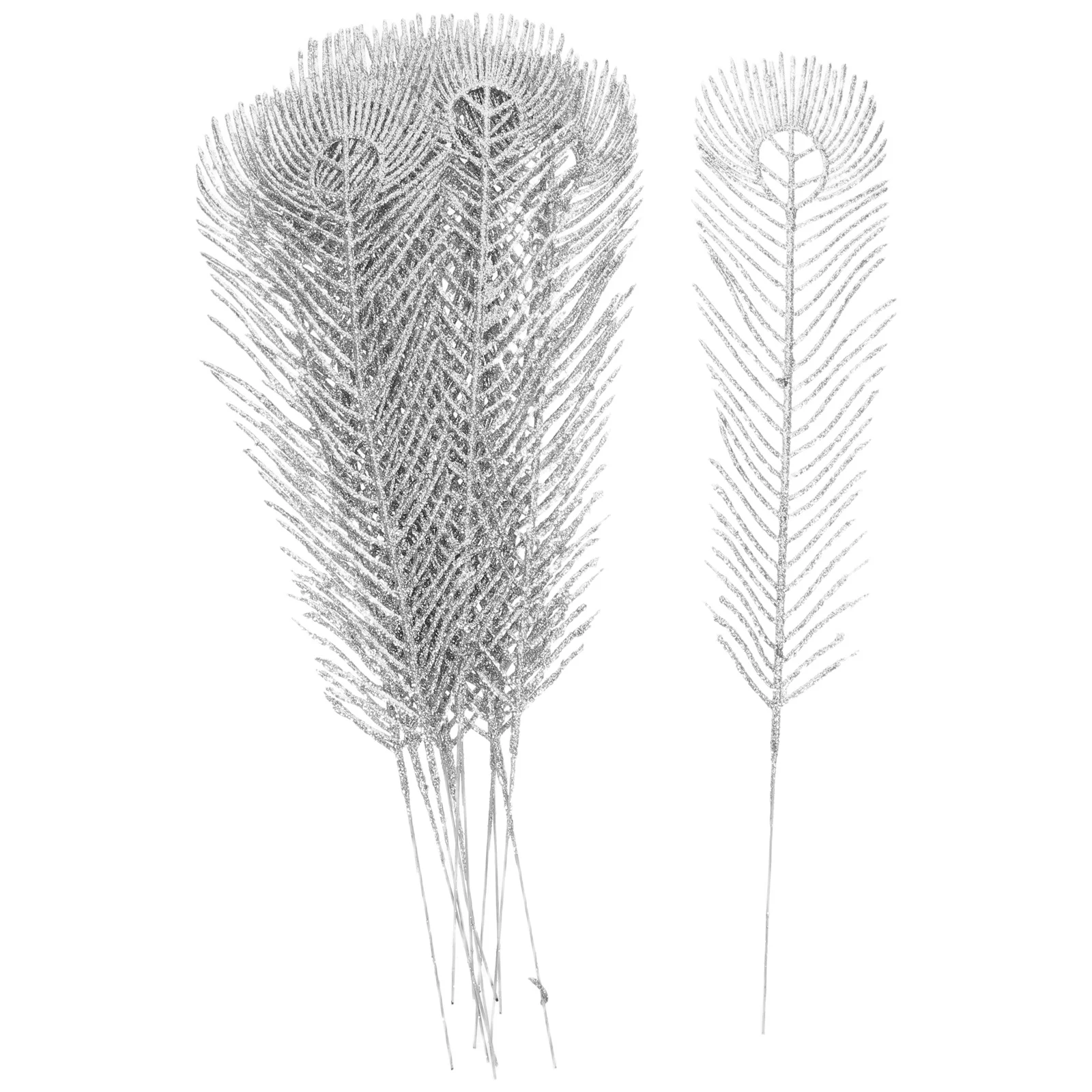 

12Pcs Christmas Peacock Plumes Silver Glitter Vase Decorative Picks Wedding Floral Arrangements Festive Plastic Plume Wall Decor