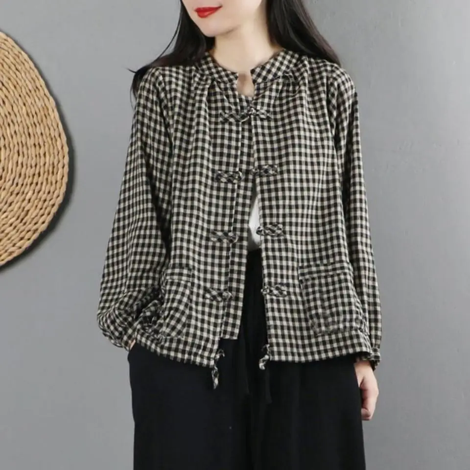 

Women's Cotton Linen Shirt Vintage Long Sleeve Plaid Cardigan Stand Collar Top 2025 Spring Autumn Thin Loose Blouse
