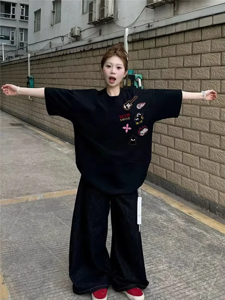 Extra Large 300 Pounds American Style Heavyweight Pure Cotton Short Sleeve Women's T-Shirt Summer High Street Trendy Brand Ha...