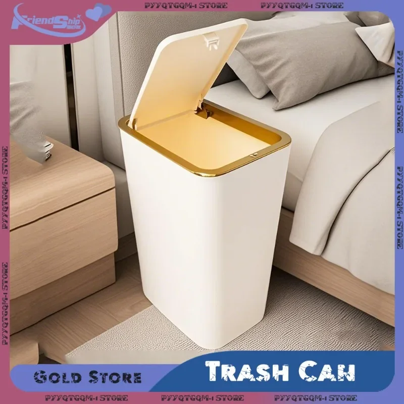 

Trash Can with One-Touch Lid Waterproof Dustbin Press Gap Design Space Saving Waste Basket Bathroom Kitchen Home Garbage Bins