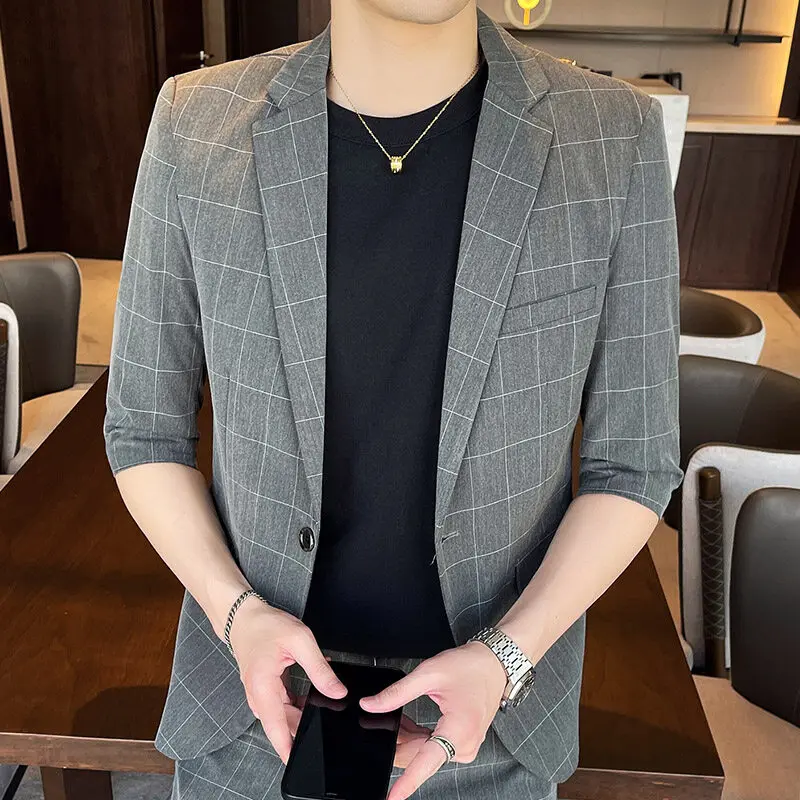 

Summer checkered Korean style slim-fitting trendy and fashionable men's mid-sleeved casual and handsome suit set M-4X two-piece