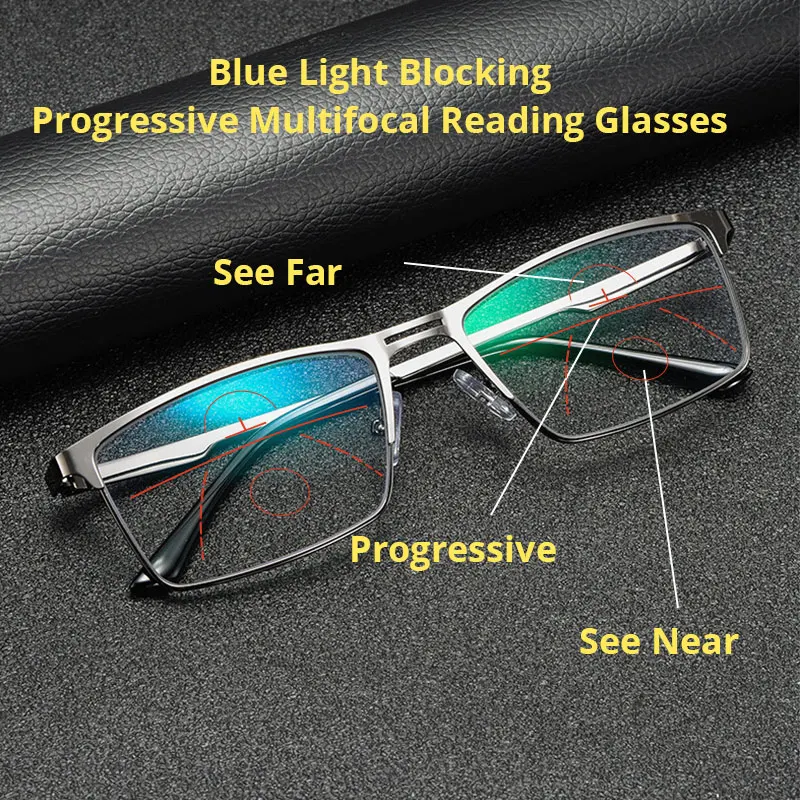 Gafas de lectura progresivas para hombre y mujer, lentes multifocales con bloqueo de luz azul para ordenador, gafas deportivas con montura cuadrada,
