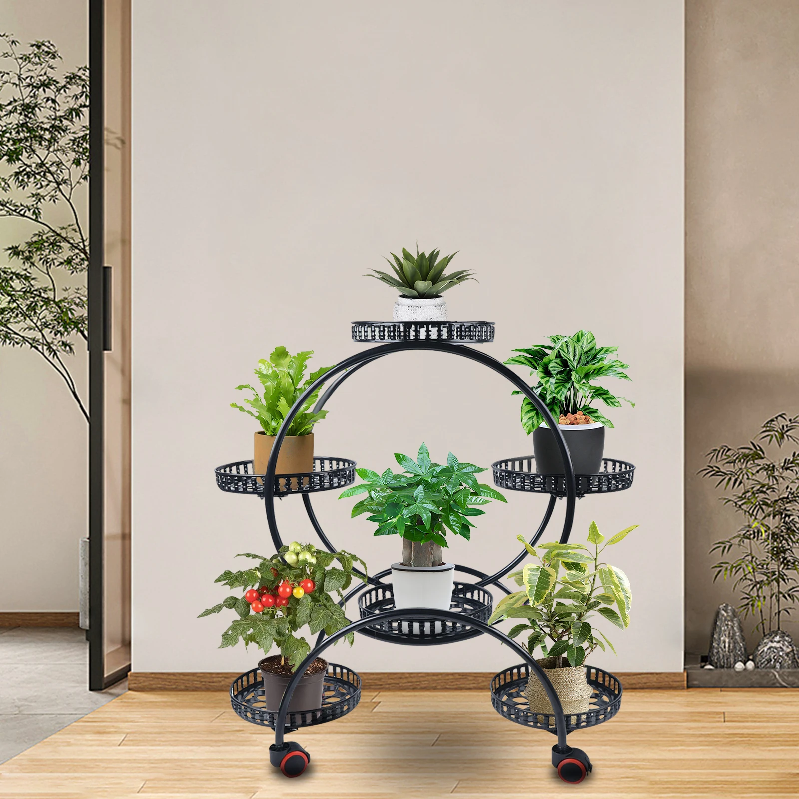 

4 Tier Wrought Iron Flower Stand Tall Metal Plant Stand Potted Planters Display Rack For Patio Balcony 28.54*12.2*29.92 in-Black