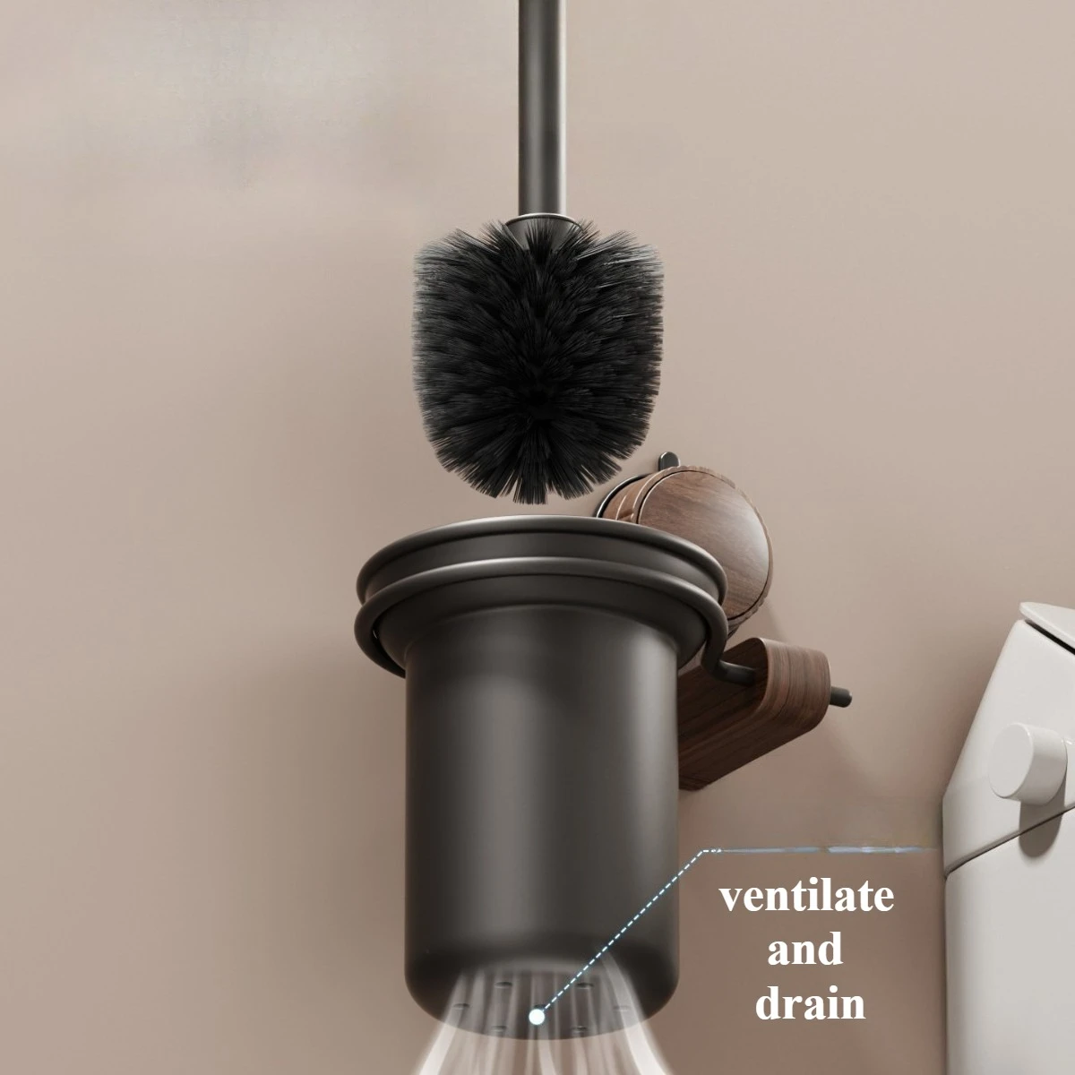 Walnut Suction Cup Toilet Brush No Drilling Required Bathroom Household Dead Angle Toilet Brush Wall-Mounted Storage Shelf