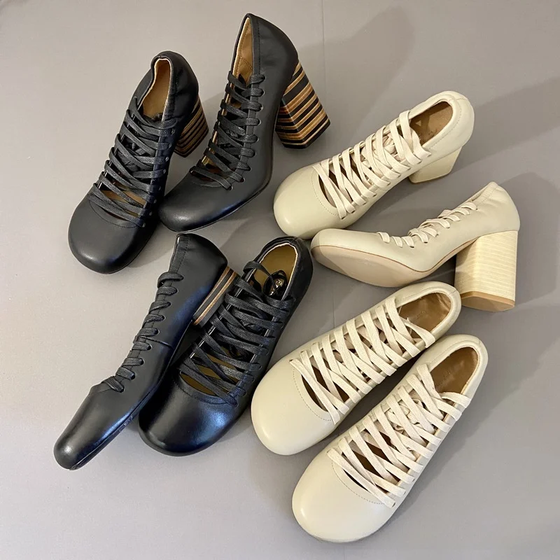 

New Genuine Leather Lace Up Design Mary Jane Shoes Women's Round Toe Thick Heels Single Shoes Spring Autumn Retro Ballet Shoes