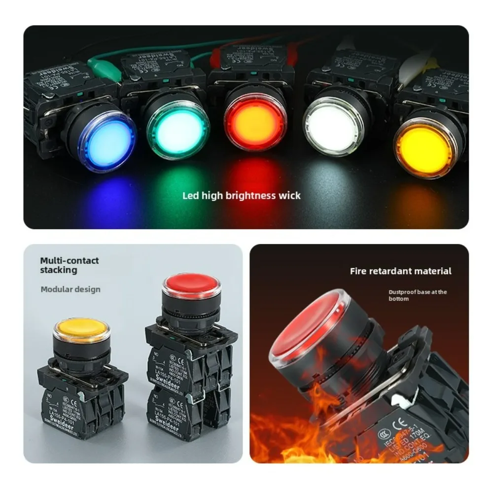 XB4 Button Switch with LED 22mm Momentary Self-reset Power Push Button Switch with Light 12V 24V 220V 10A 1NO 1NC 2NO Red Green