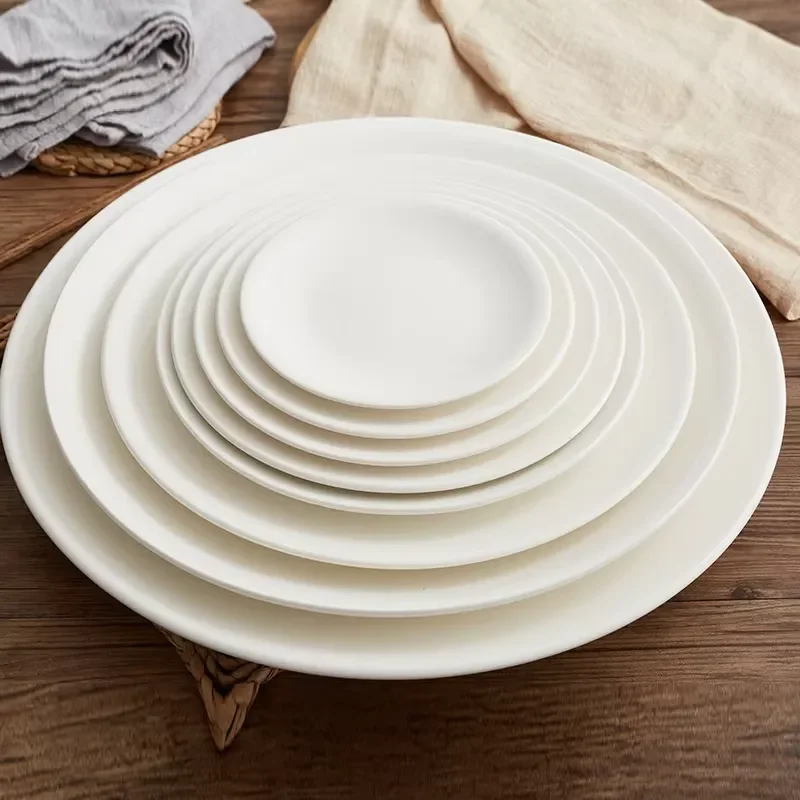 White Ceramic Fruit Plate Flat Shallow Moon Shape Dinnerware for School Dining Affordable Ceramic Serving Dish
