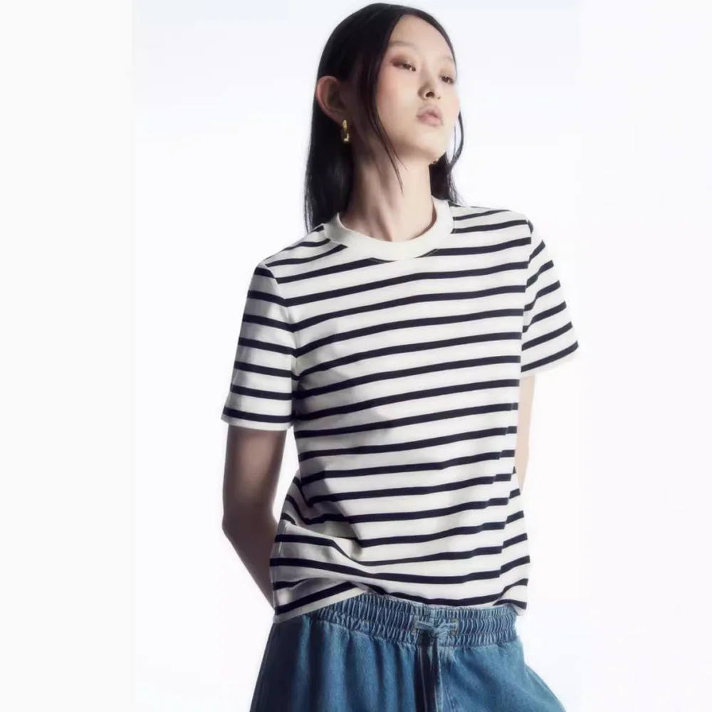 Elegant Women Tee Shirt Cotton Color Block Striped Round Neck Short Sleeve Casual Tops Spring Commuter Fashion Tee
