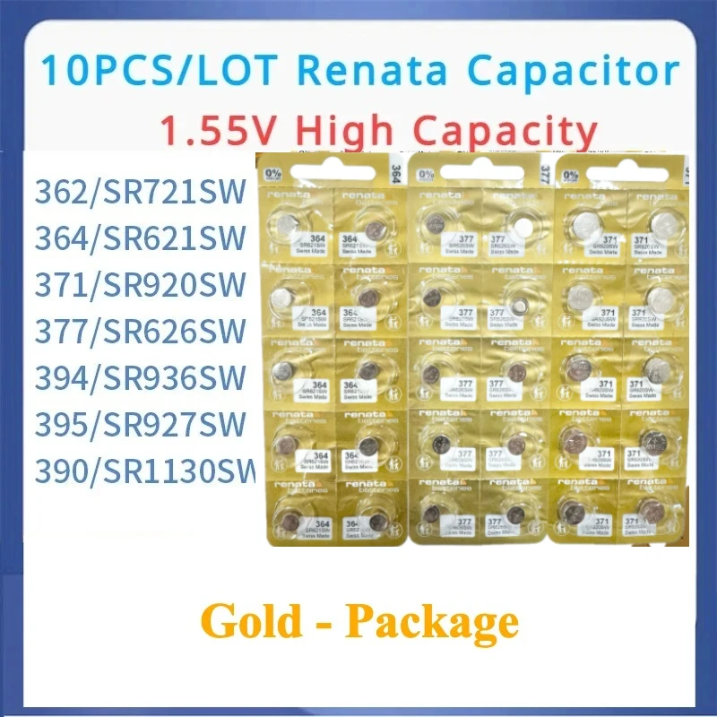 10pcs Golden Renata 377 364 371 395 362 394 390 High Capacity Battery Capacitor SR721SW SR621SW SR920SW Integrated Circuit Chip
