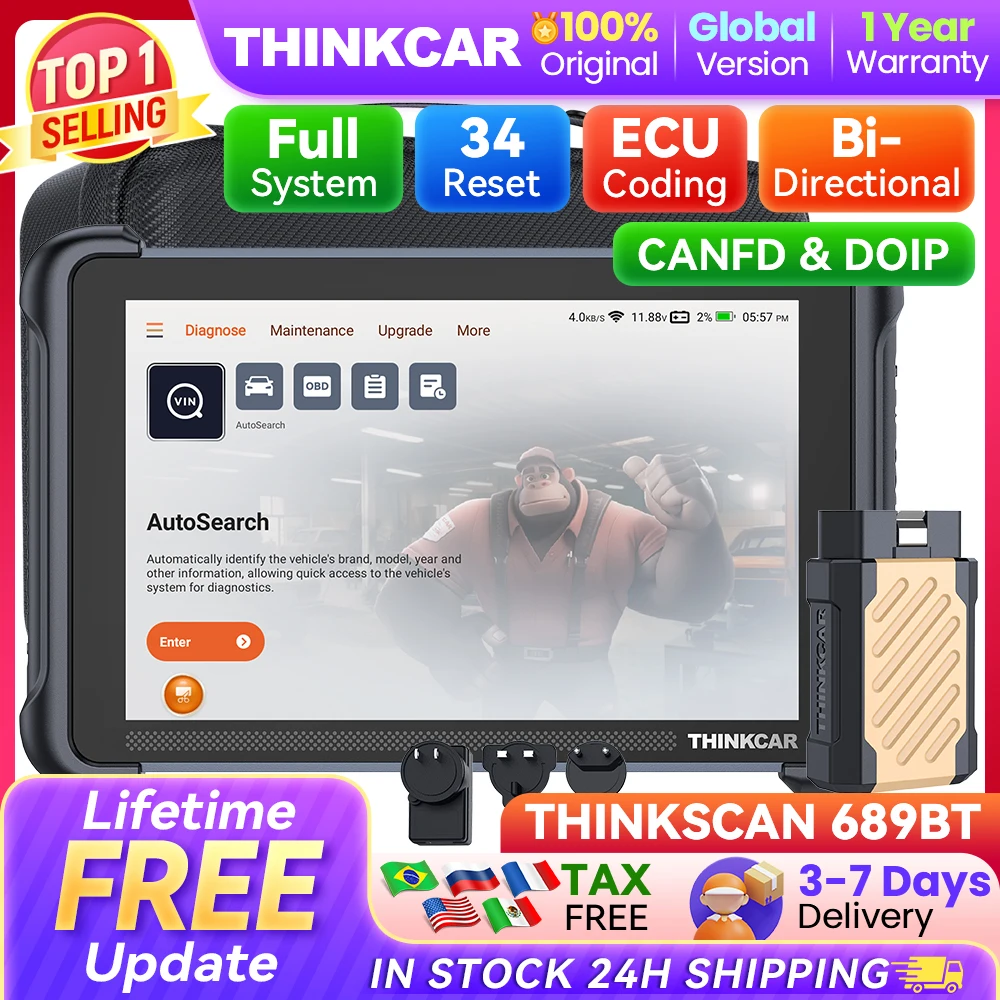 THINKCAR THINKSCAN 689BT Professional Car Diagnostic Tool CANFD DOIP Bi-directional ECU Coding 34 Reset Full System Obd2 Scanner