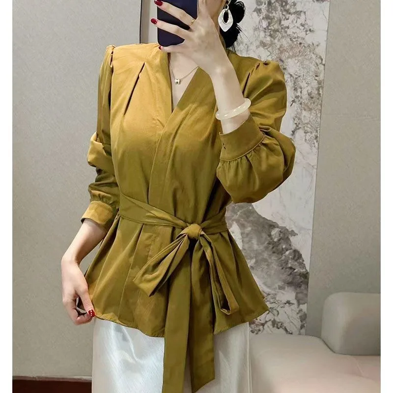 

Fashionable Temperament Long-sleeved Shirt Women's Top Autumn New Slim-fitting High-end Strap Outer Shirt