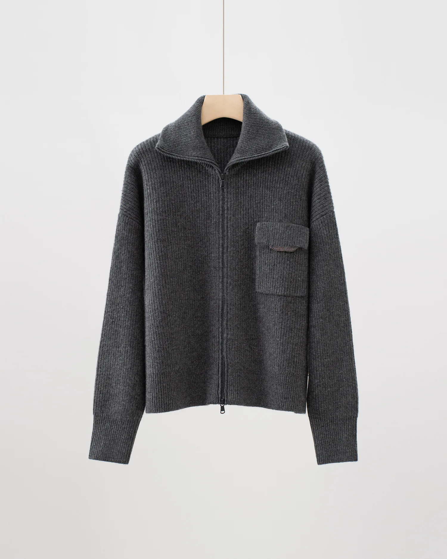 秋冬新作カシミヤウールジッパーラペルスパンコールセーターポケットカジュアルオールマッチニットカーディガン女性用