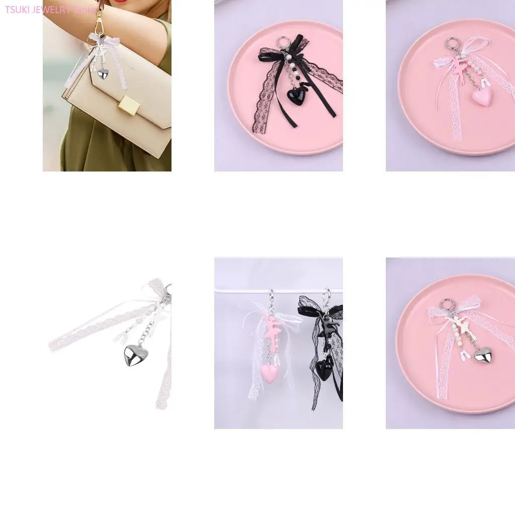 62KE BALLET Girl Keyring Handbag Charm Lace Bows Keychain Bag Decorations Heart Car Chain for Woman and Girl