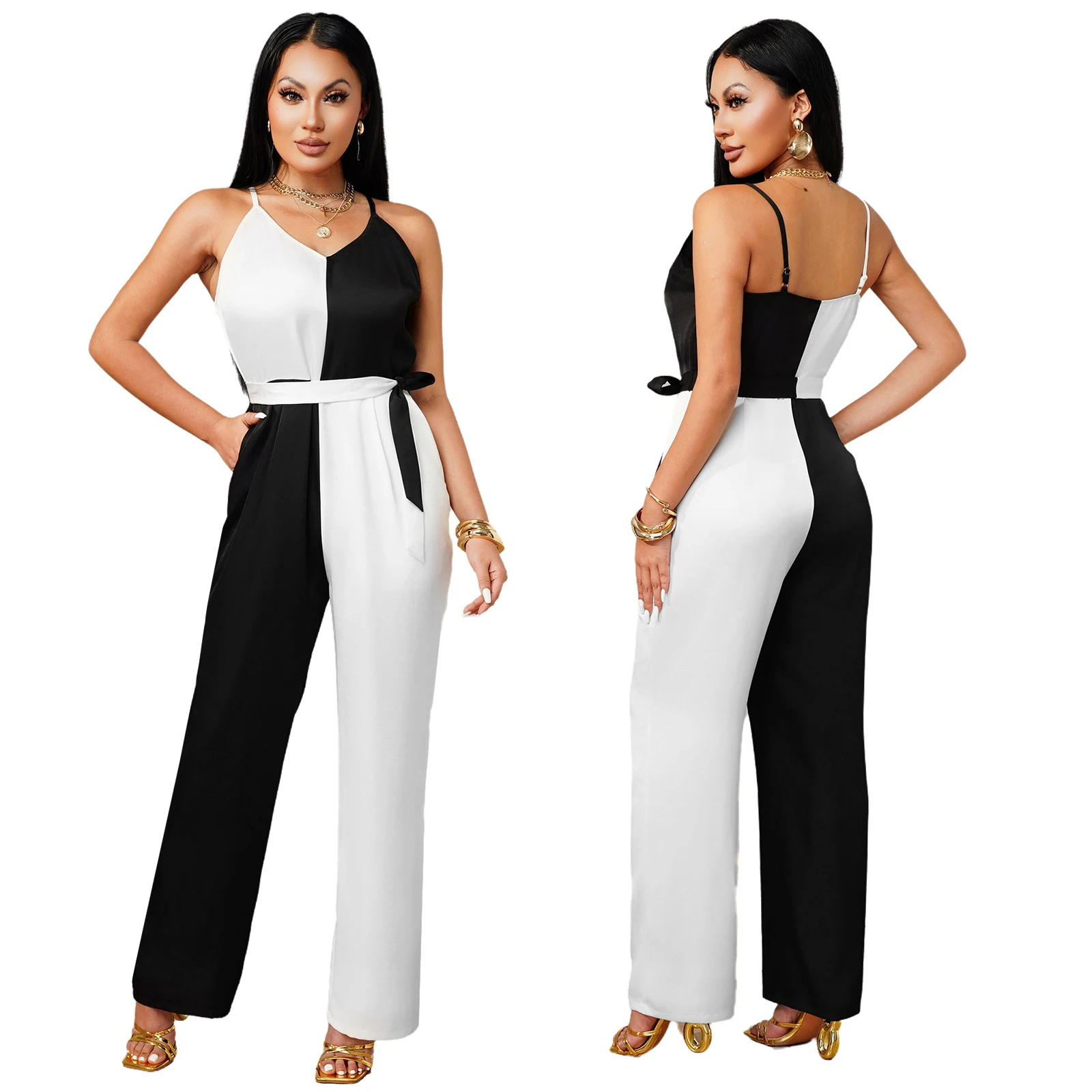 Sleeveless Jumpsuit Women's Fashion V-neck Contrast Color Design Wide Leg Commuting Office With Belt Jumpsuit Party Daily Wear
