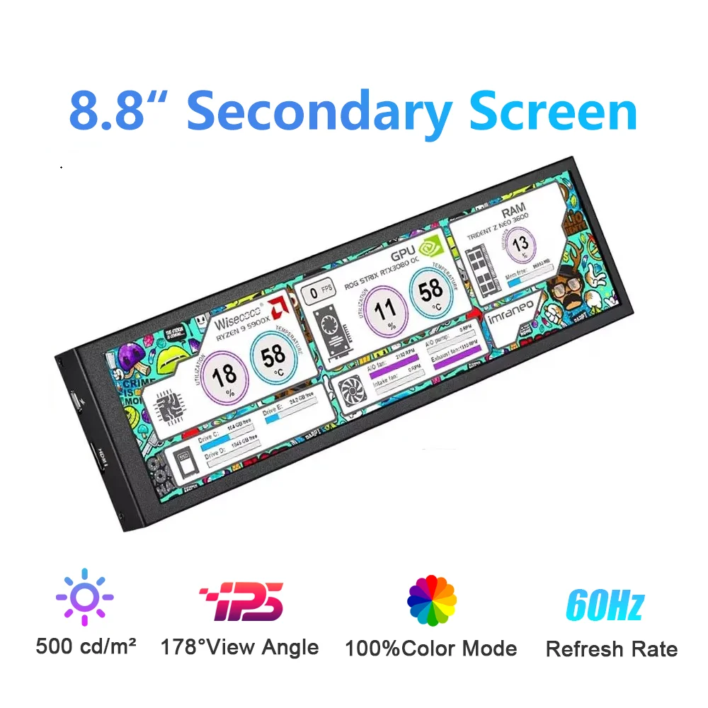 

Wisecoco 8,8-дюймовый длинный широкий монитор FHD с корпусом 1920*480 ПК Дисплей температуры ПК Сенсорная панель Дисплей Маленький монитор-удлинитель
