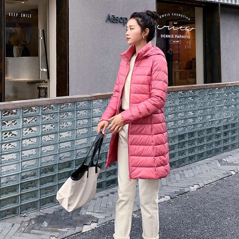 Lightweight White Duck Down Jacket Women Mid Length Winter Portable Detachable Hood Slim Fit Down Puffer Coat Outerwear JK-460
