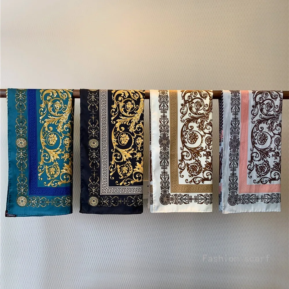 

90cm Bohemian Floral Print Scarf Hand Rolled Hem Womens Professional Twill Shawl Sunscreen Gift Scarf Wholesale