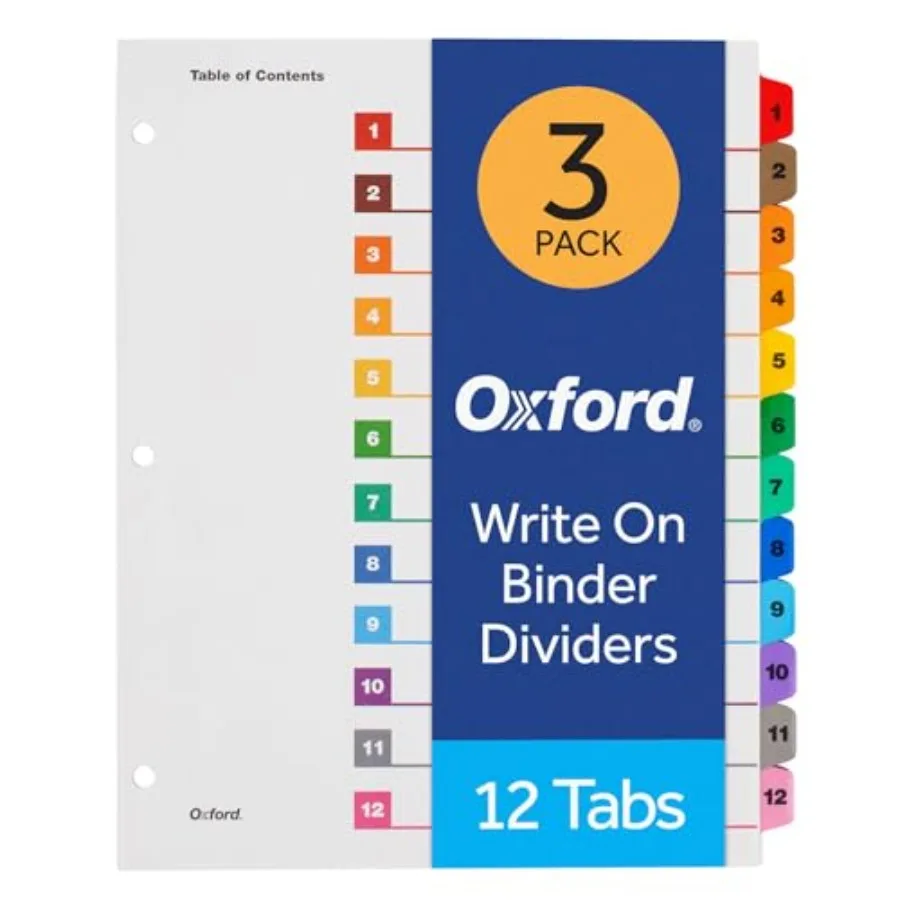 

Binder Dividers, 12 Tabs, Numbered 1 12, 3 Pack, Customizable Table of Contents Page, Reversible Multicolor Tabs, 3-Hole Punche