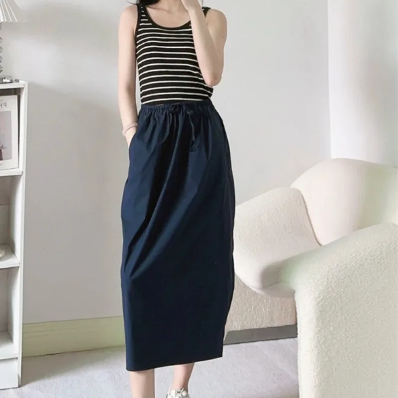 

Women's Flower Pod Skirt Tie Elastic Waist Back Slit MIDI Skirt 7956