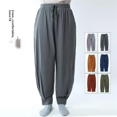 

Chinese Sle Casual Cotton Linen Loose Fit Summer Thin Breathable Men's Monastery Pants Women's Morning Exercise Long Trousers