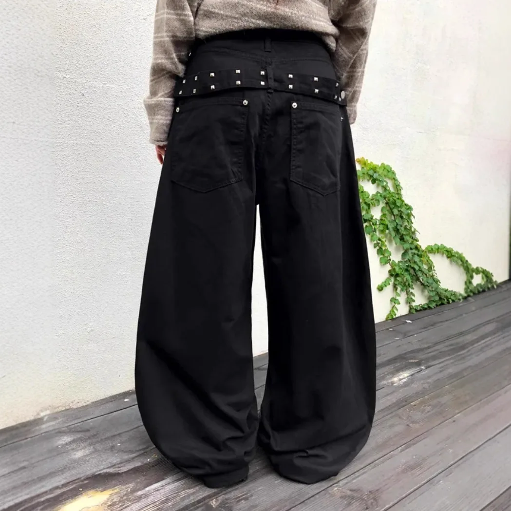 Women's High Waist Rivet Decor Floor Length Casual Trousers Loose Wide Leg Versatile Commute Office Street Daily Wear Long Pants